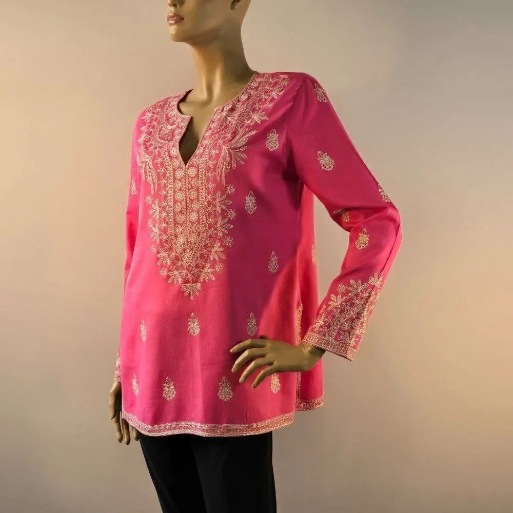 Sigrid Olsen Signature Embroidered Pink Tunic Top Womens Sz Small